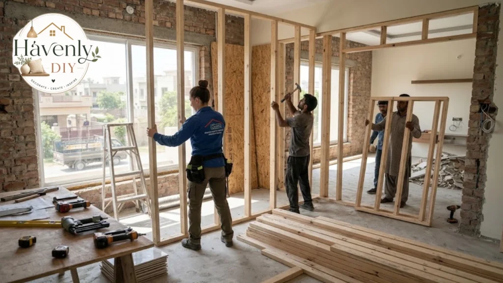 Contractors framing a room in a home renovation