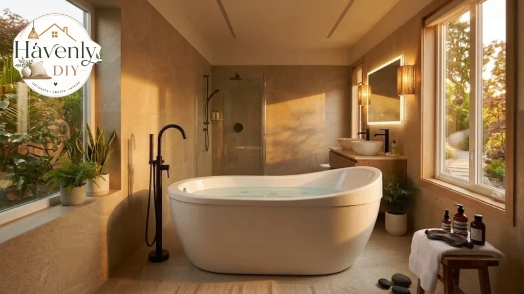 Finished spa-style bathroom with a tub