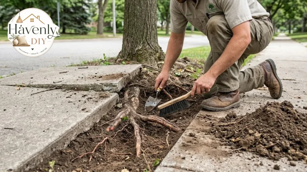 Arborist exposing roots before pruning