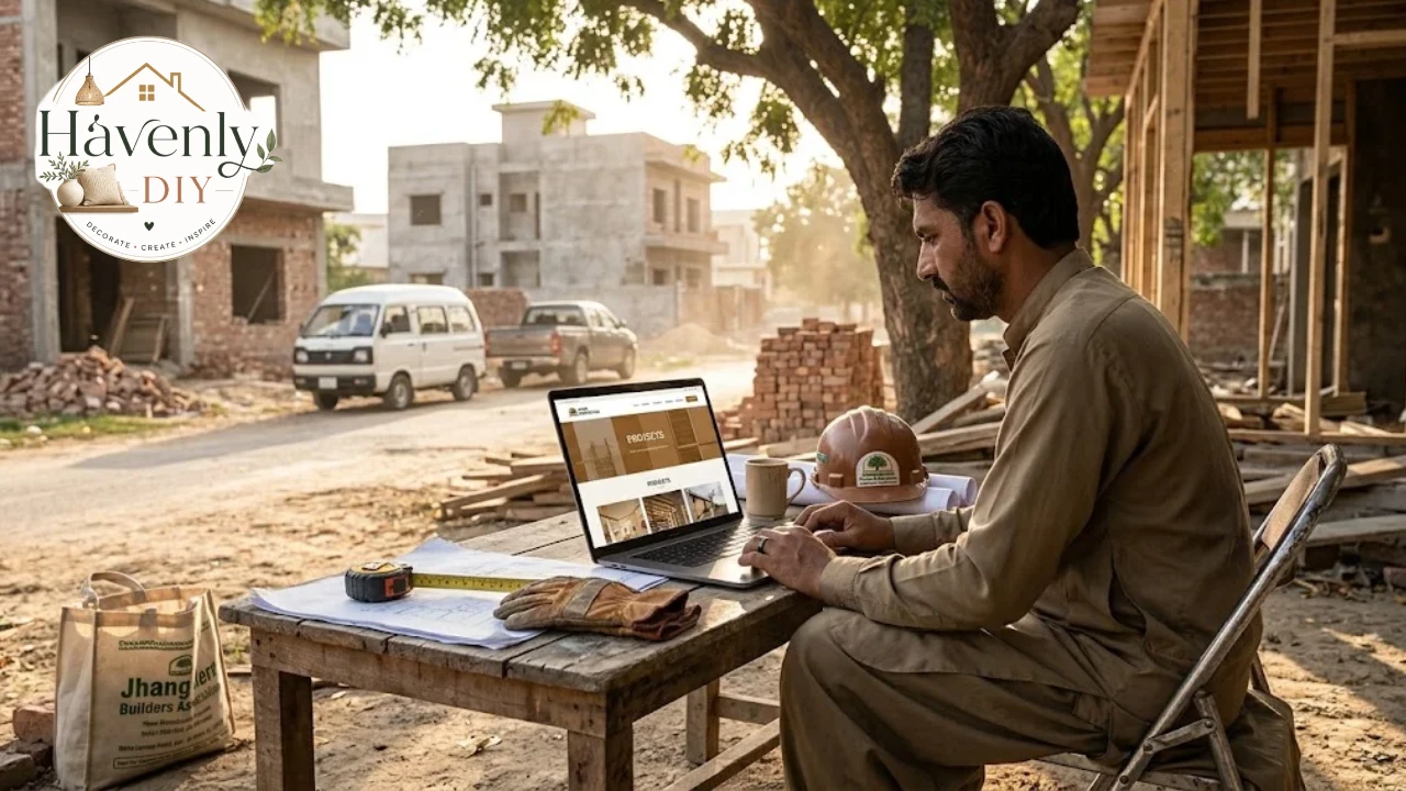 Contractor reviewing a website layout on a laptop at a job site