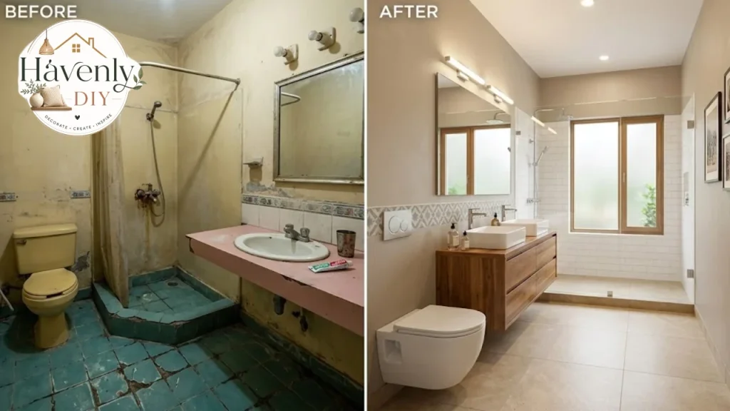 Before-and-after bathroom renovation photos in a project gallery