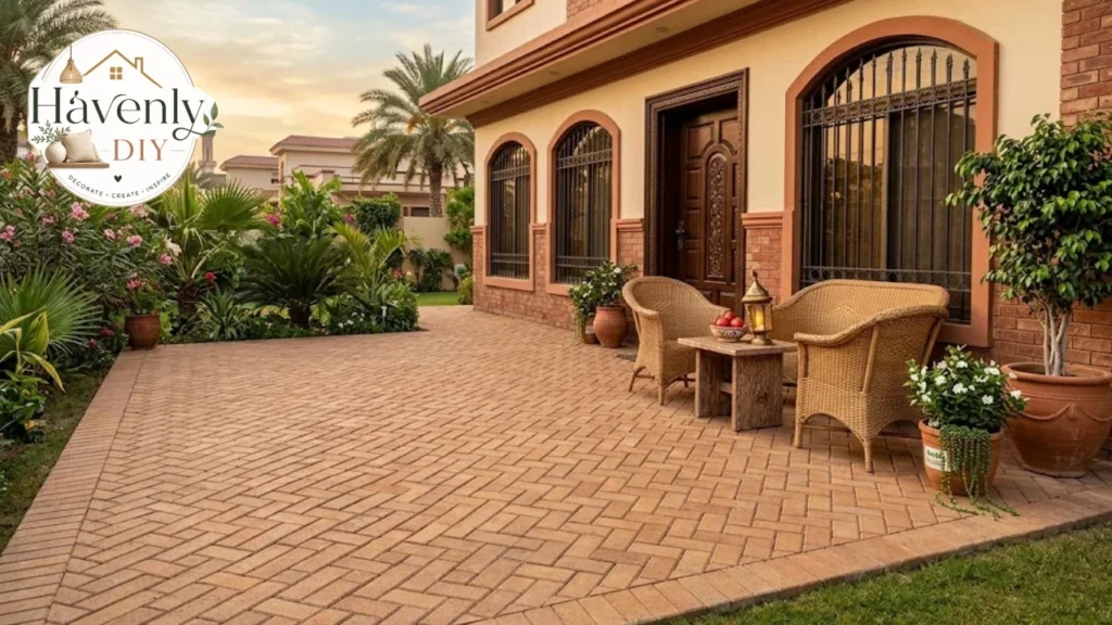 Paver patio with a herringbone pattern beside a house