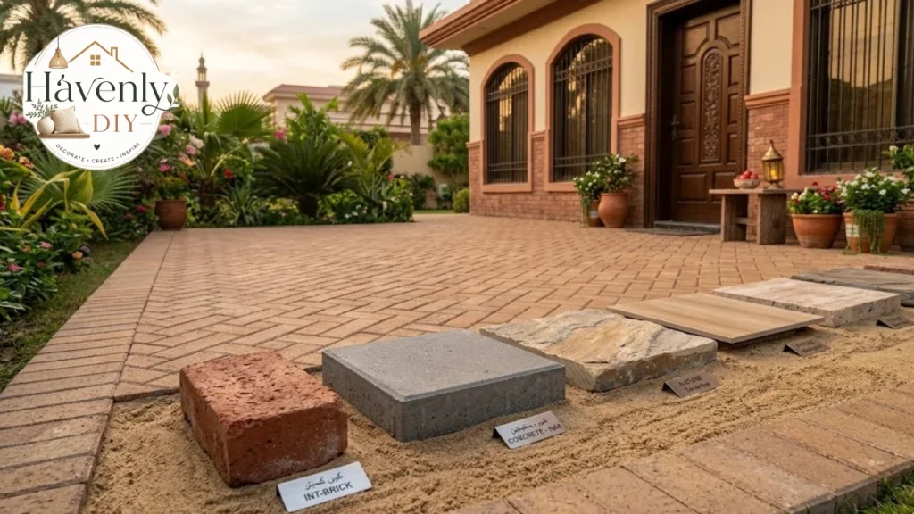 Samples of brick, concrete, stone and porcelain pavers