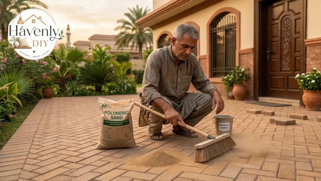 Homeowner sweeping joint sand into a new paver patio