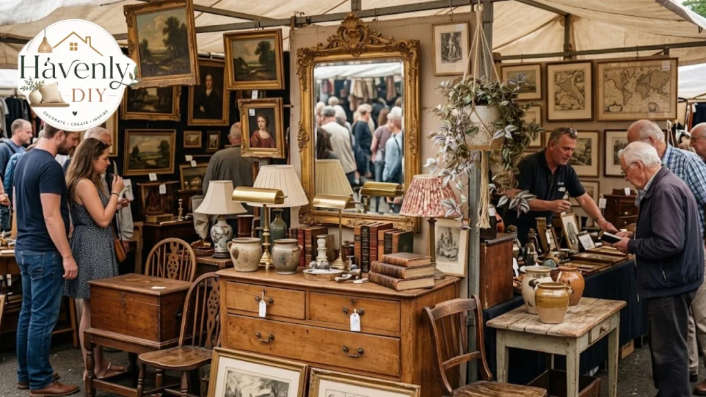 Antique market stall with furniture and lamps