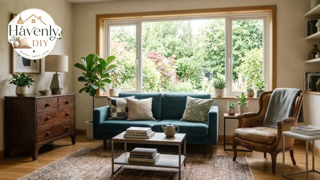 Living room combining antiques and modern furniture