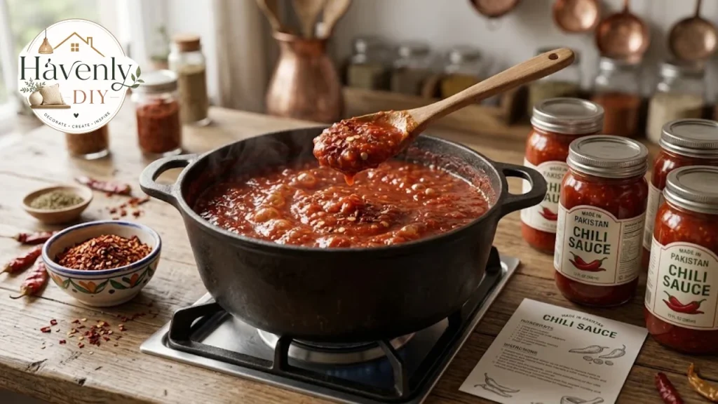 Homemade catsup simmering in a pot with spices