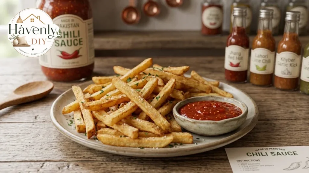 Fries with a dish of catsup on a plate