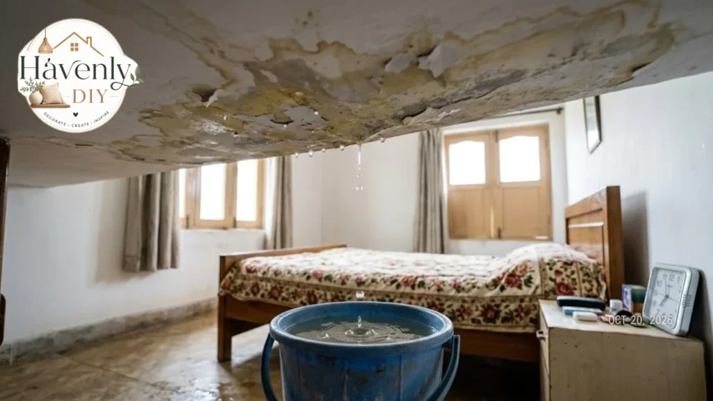 Water stain on ceiling from roof leaks with bucket below