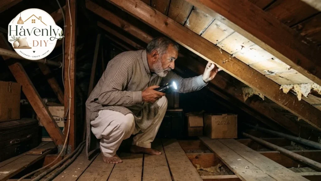 Checking the attic for roof leaks with a flashlight