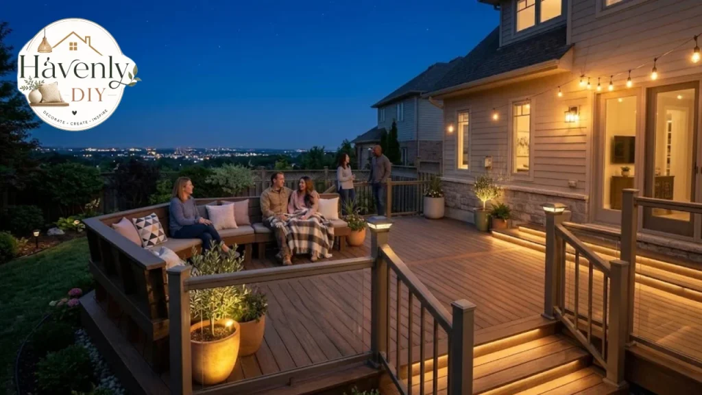 Deck at dusk with lighting and seating