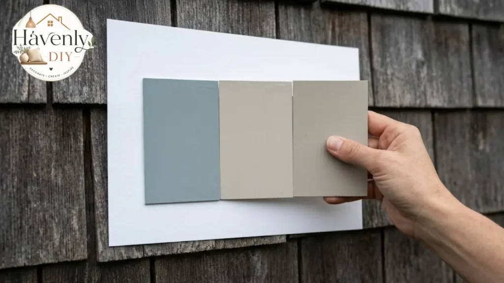 Same gray house exterior photographed at morning, noon and dusk to show color changes