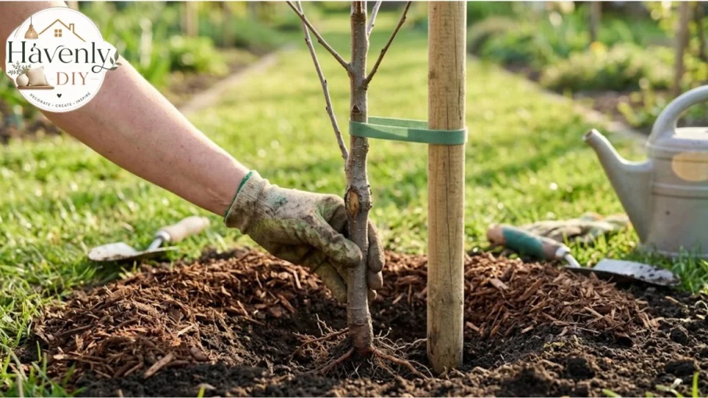 Planting a young cherry tree with a stake and mulch ring