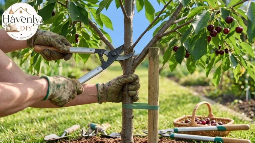 Summer pruning a cherry tree branch with loppers