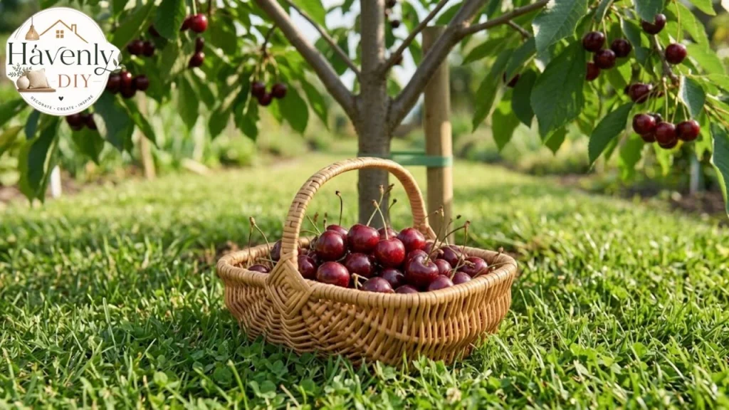 Basket of freshly harvested cherries with stalks attac