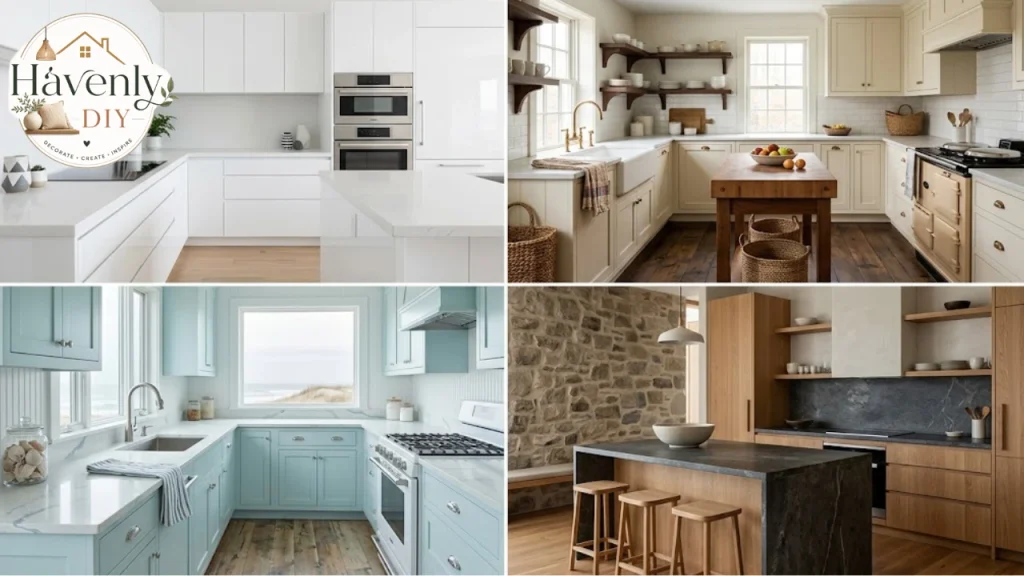 Four kitchen styles side by side: modern, farmhouse, coastal and Japandi