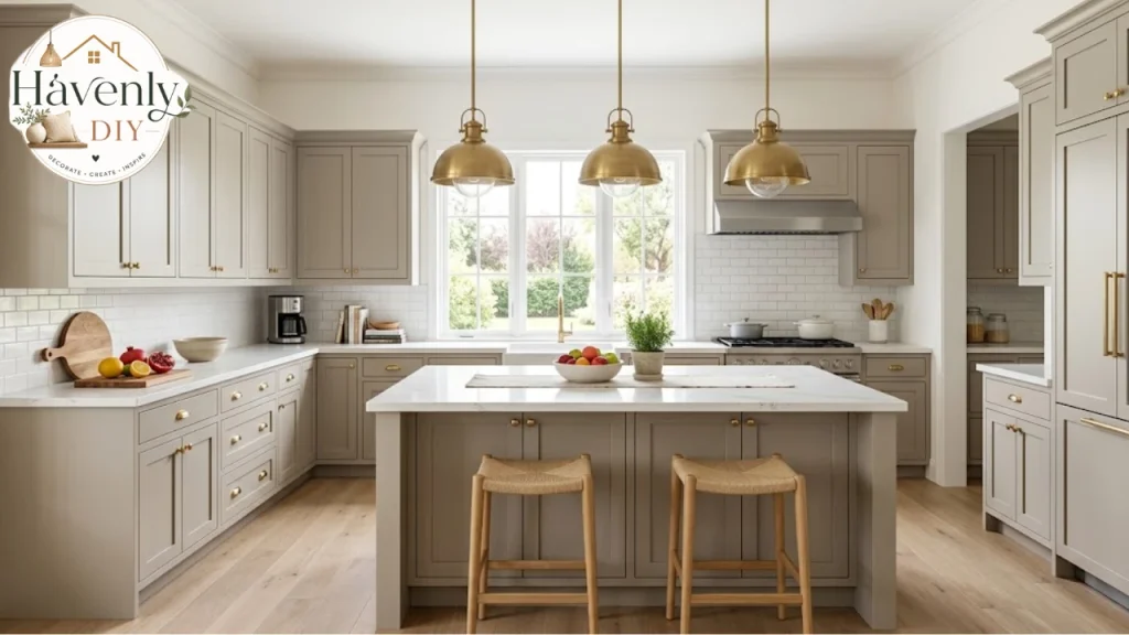 Transitional kitchen with shaker cabinets and brass hardware