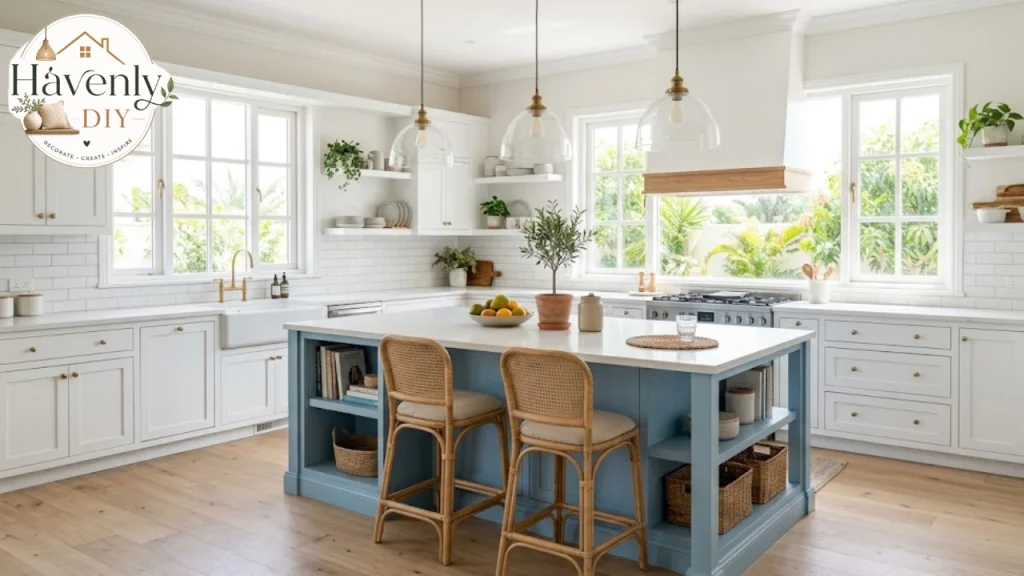 Coastal kitchen with blue island and rattan bar stools