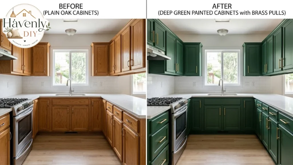 Kitchen before and after painted cabinets and new hardware