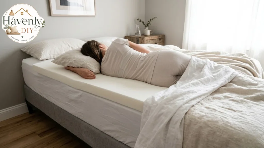 Side sleeper resting comfortably on a memory foam mattress topper