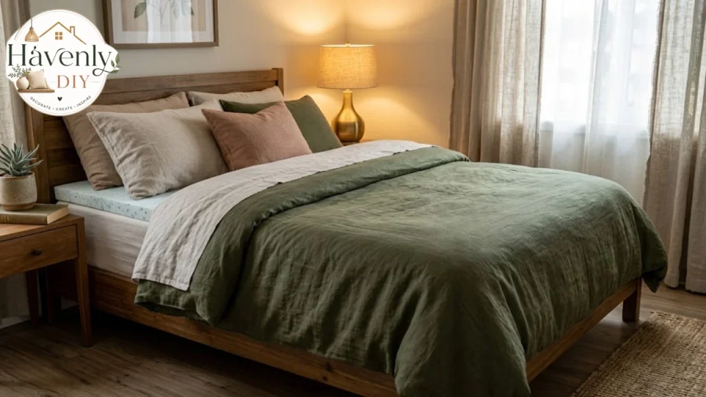 Restful bedroom with layered linen bedding over a mattress topper