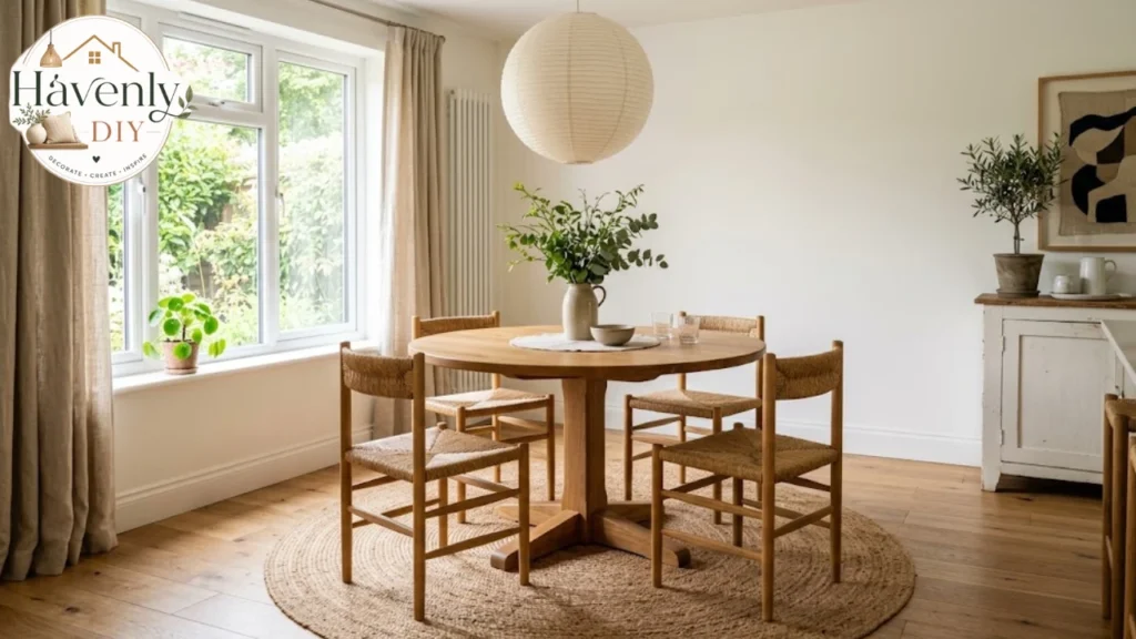 Round dining table with pedestal base, woven chairs and pendant light