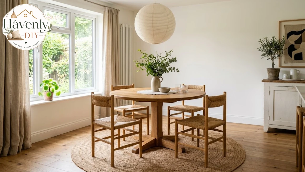 Round dining table with pedestal base, woven chairs and pendant light