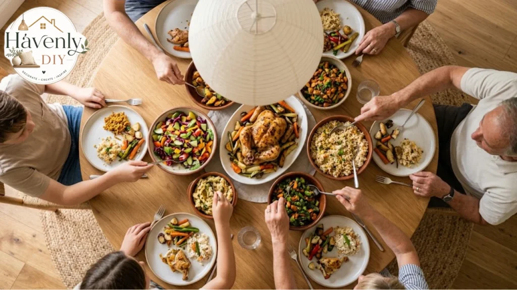 Family sharing a meal around a round dining table