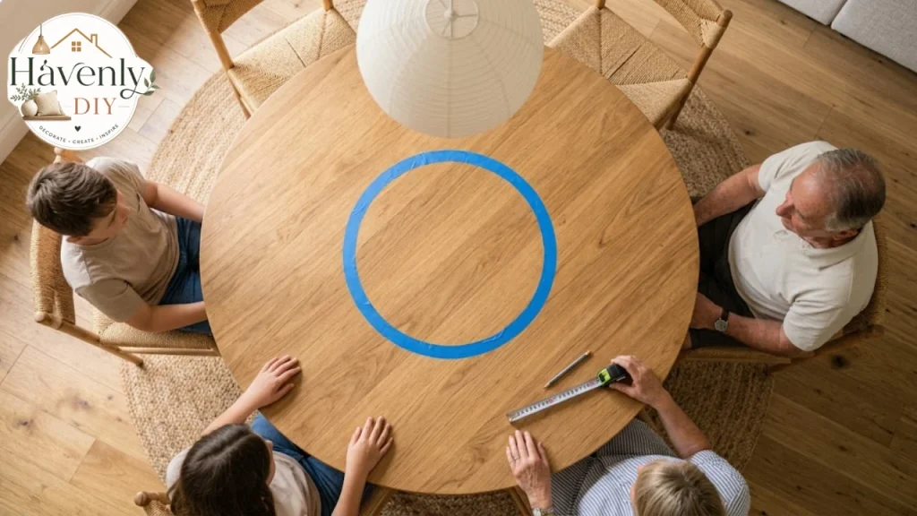 Measuring clearance for a round dining table with painter's tape