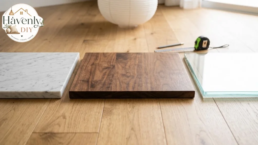 Marble, wood and glass round dining table tops compared