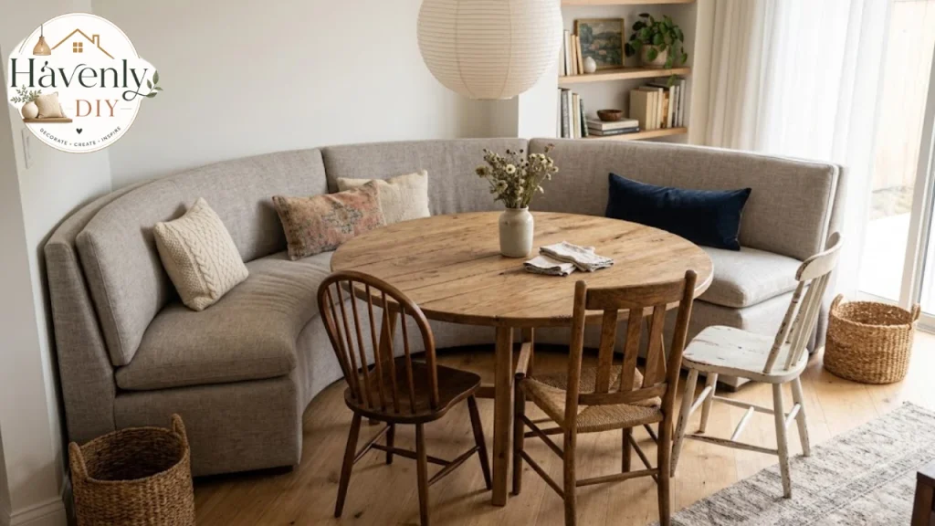 Round dining table with a curved bench and mixed chairs