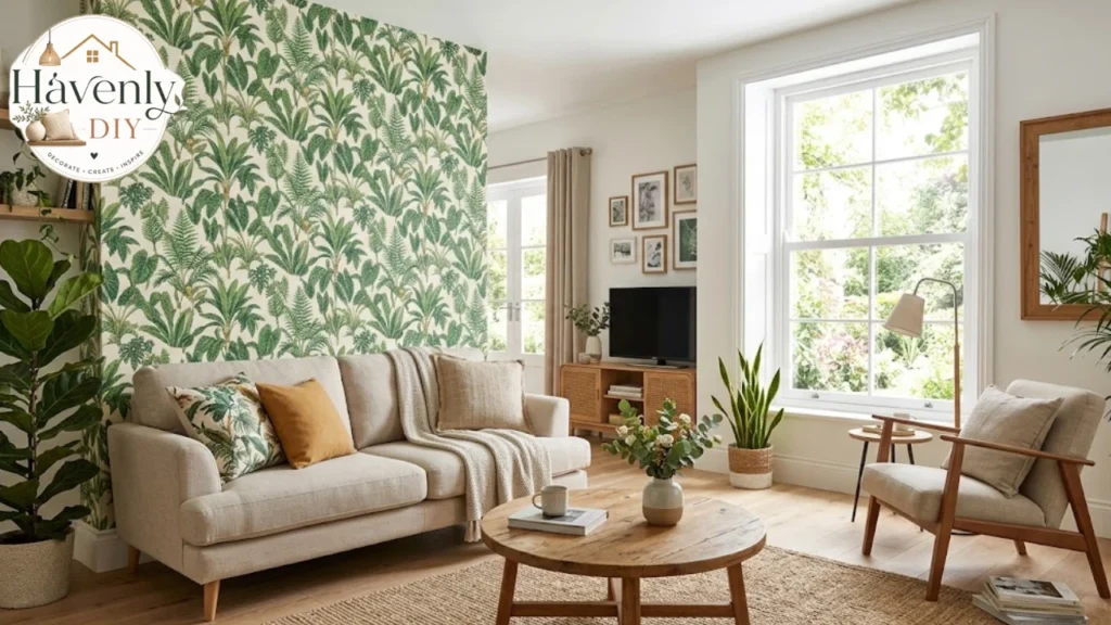 Peel and stick wallpaper accent wall in a bright living room