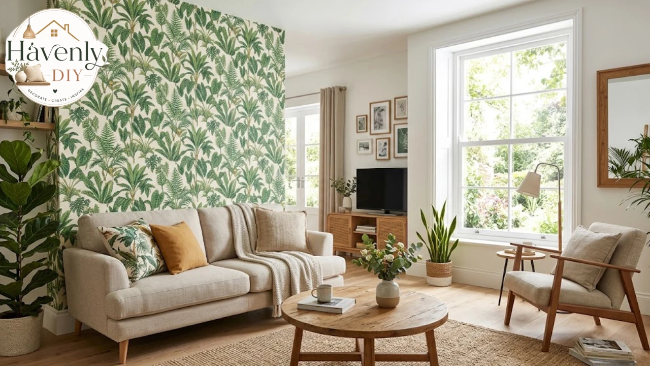 Peel and stick wallpaper accent wall in a bright living room
