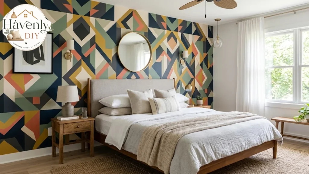 Geometric peel and stick wallpaper behind a bed