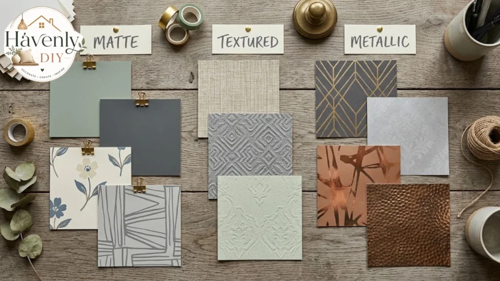 Peel and stick wallpaper swatches in different finishes