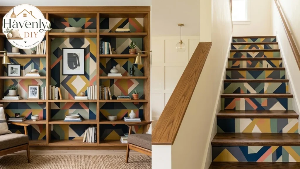 Peel and stick wallpaper on bookcase backs and stair risers