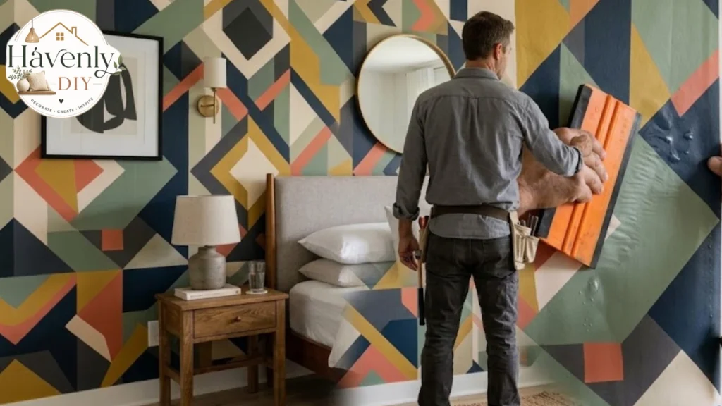 Smoothing a peel and stick wallpaper panel with a squeegee