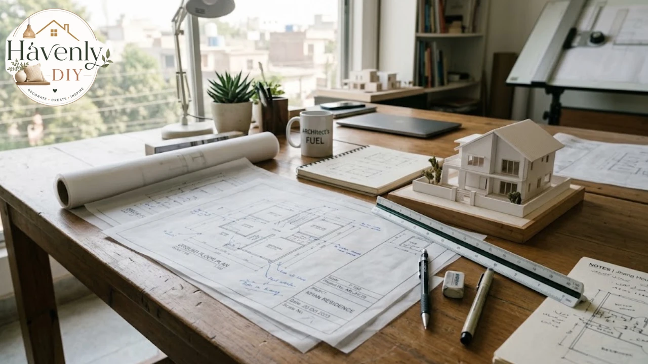 Architects' desk with house plans and a model