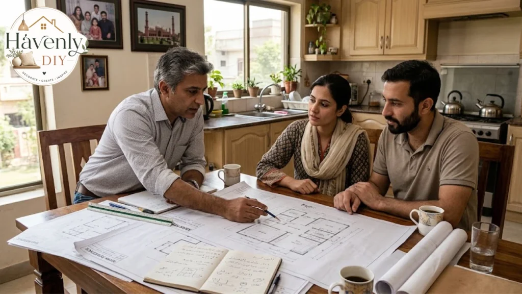 Architect reviewing home plans with homeowners