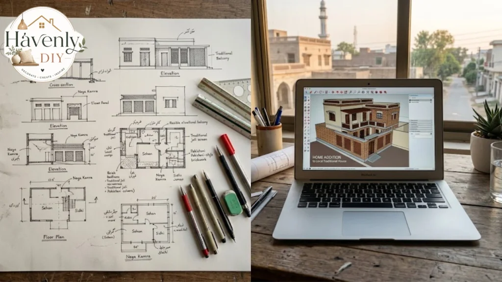 Architect's sketches and 3D model of a home addition