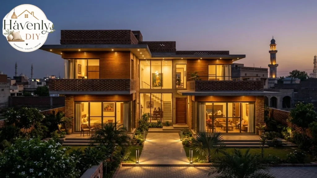 Modern home designed by architects at dusk