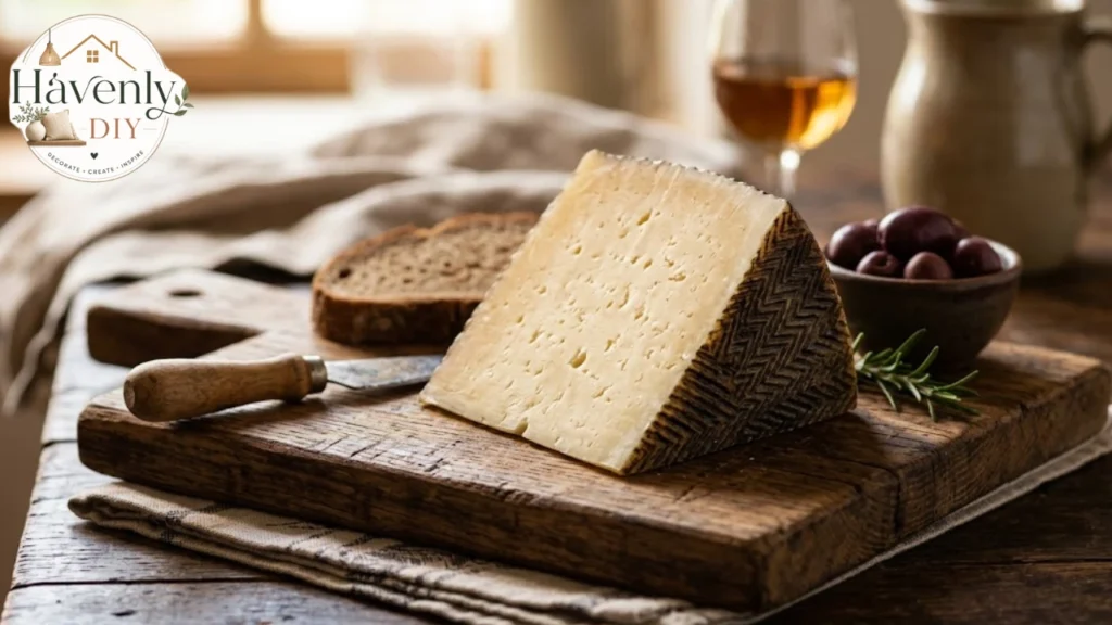 Wedge of Manchego cheese with its zigzag rind
