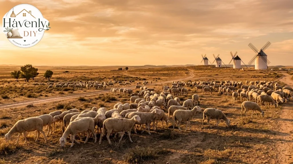 Manchega sheep grazing in La Mancha, Spain