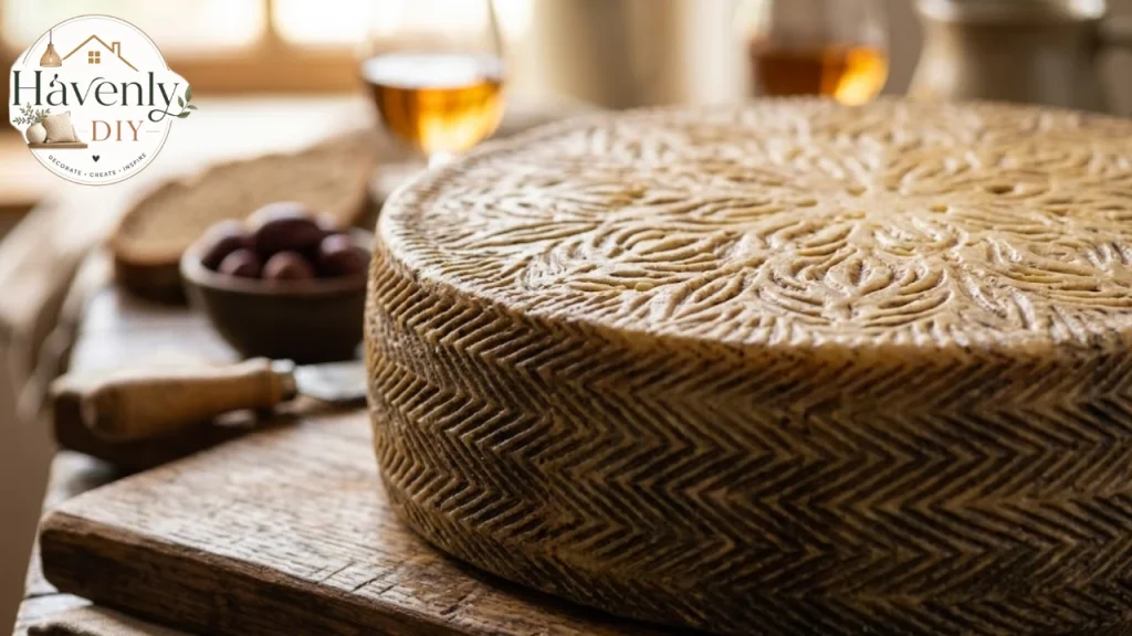 Manchego cheese wheel showing the traditional rind pattern