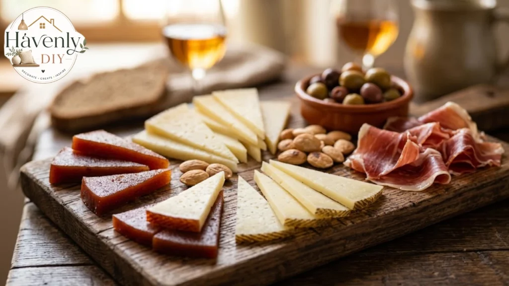 Manchego cheese board with quince paste and almonds