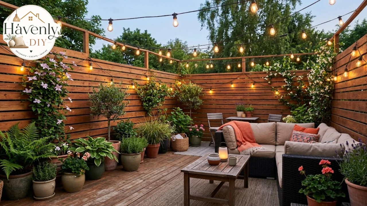 Wooden privacy screen around a cozy patio
