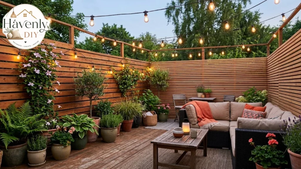 Horizontal slatted cedar privacy screen