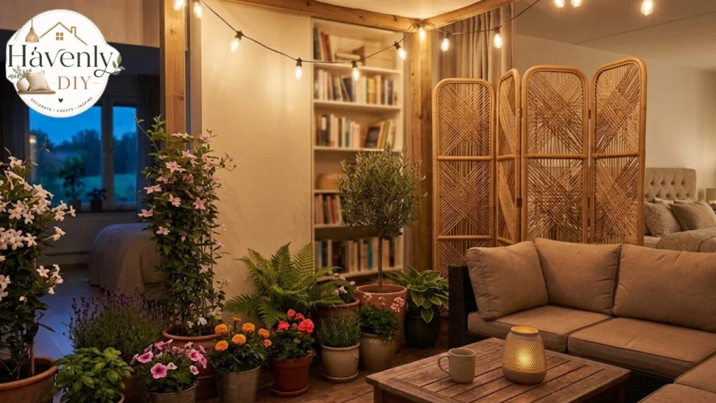 Rattan folding privacy screen in a bedroom