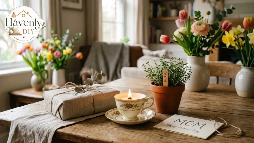 Handmade Mother's Day gifts including a teacup candle, herb pot and handwritten card