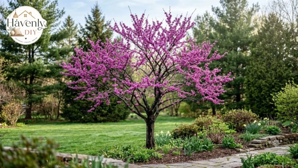 Eastern redbud tree in full spring bloom with pink flowers on bare branches